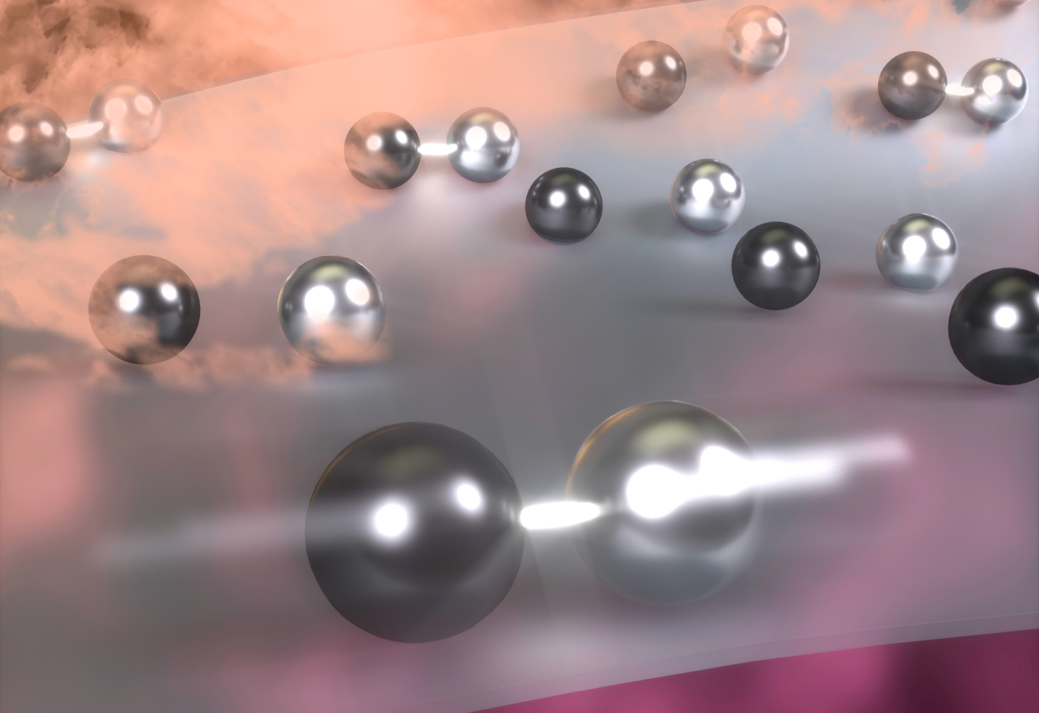 Artist concept illustration depicting pairs of rhodium and tungsten atoms finding<br />
    each other and performing chemistry on a porous carrier, called a support