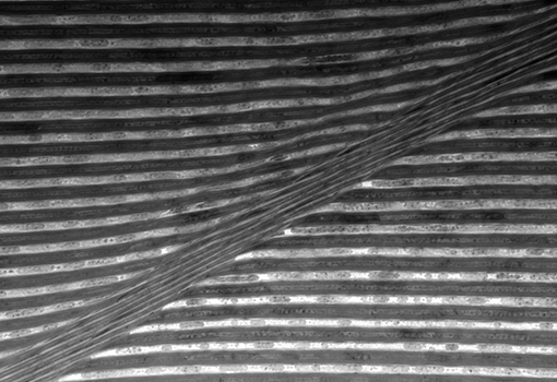 Depiction of a bimetallic nanolaminate being deformed under a force and responding by forming a band. These nanolaminates comprise stacks of crystalline layers each of only tens of nanometers in thickness. Research involves changing the interface between the layers to make them simultaneously strong and tough.