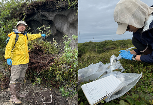 Assistant professor Gen Li (left) standing next to an ancient ice polygon, and his PhD student Fan Liu are investigating the link between landscape change to climate systems.