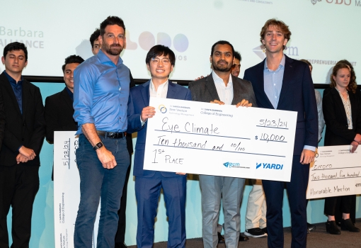 EyeClimate, the 2024 New Venture Competition Finals champions (left to right) Tim Arnold, NVC Finals judge; Bowen Zhang, PhD student; Max Gordon, undergraduate student; and Satish Kumar, PhD student