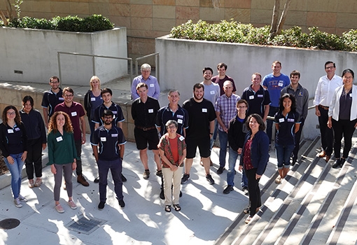 Faculty, graduate students, and staff affiliated with M-WET gather for a group picture on the UC Santa Barbara campus.