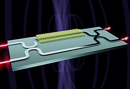Illustration showing an artist's conceptual rendering of a quantum magnetometer on a chip. Illustration by Brian Long