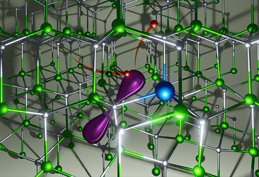 Concept illustration depicting the trap-assisted Auger-Meitner process at a calcium substitutional impurity (blue) in a gallium nitride crystal lattice (green and silver spheres). An incoming electron (red) gets trapped in a localized state (purple), and its energy is transferred to another electron. Illustration by Fangzhou Zhao.