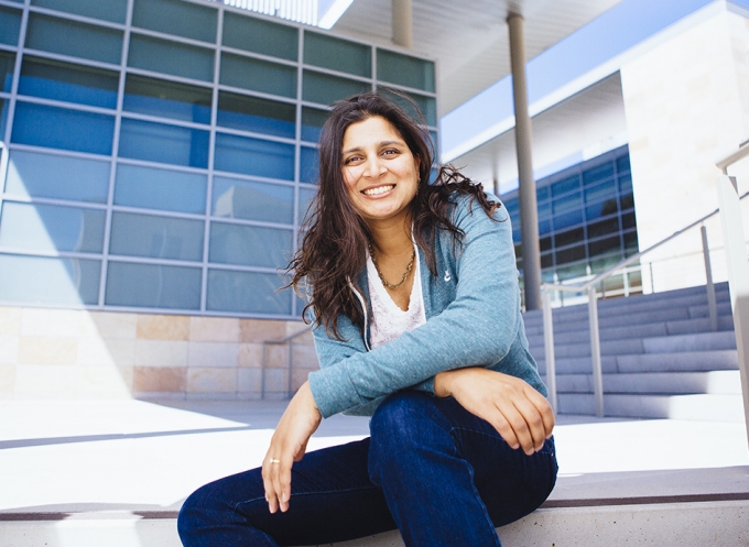 Sumita Pennathur on the steps of UCSB's Engineering Science Building